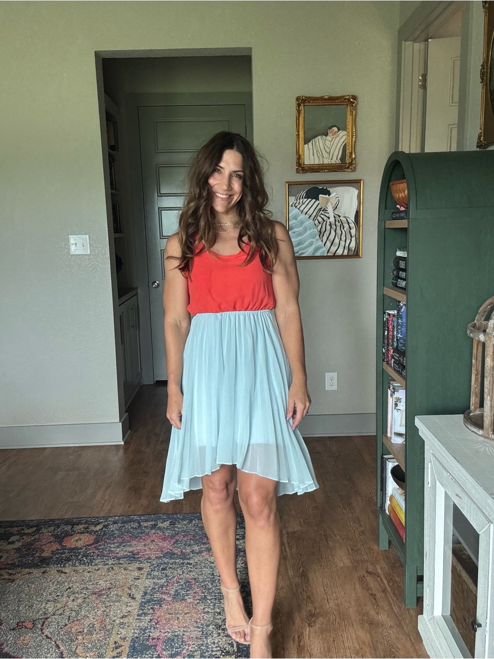 Honey Punch Coral and Light Blue Two-Tone Chiffon Dress